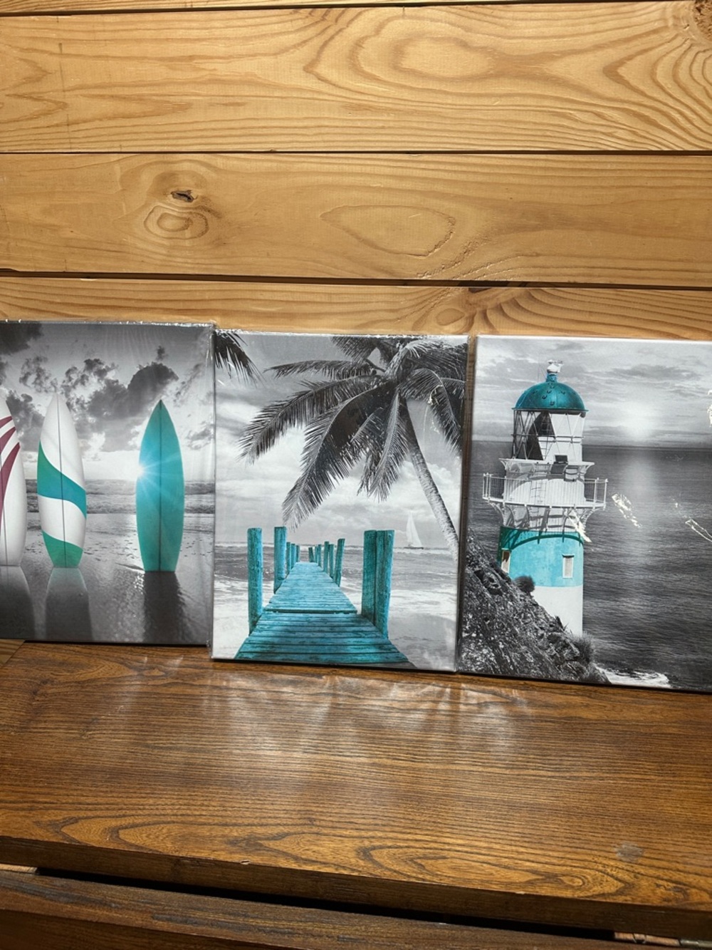 Teal Accent Coastal Canvas Triptych - Surf, Pier & Lighthouse